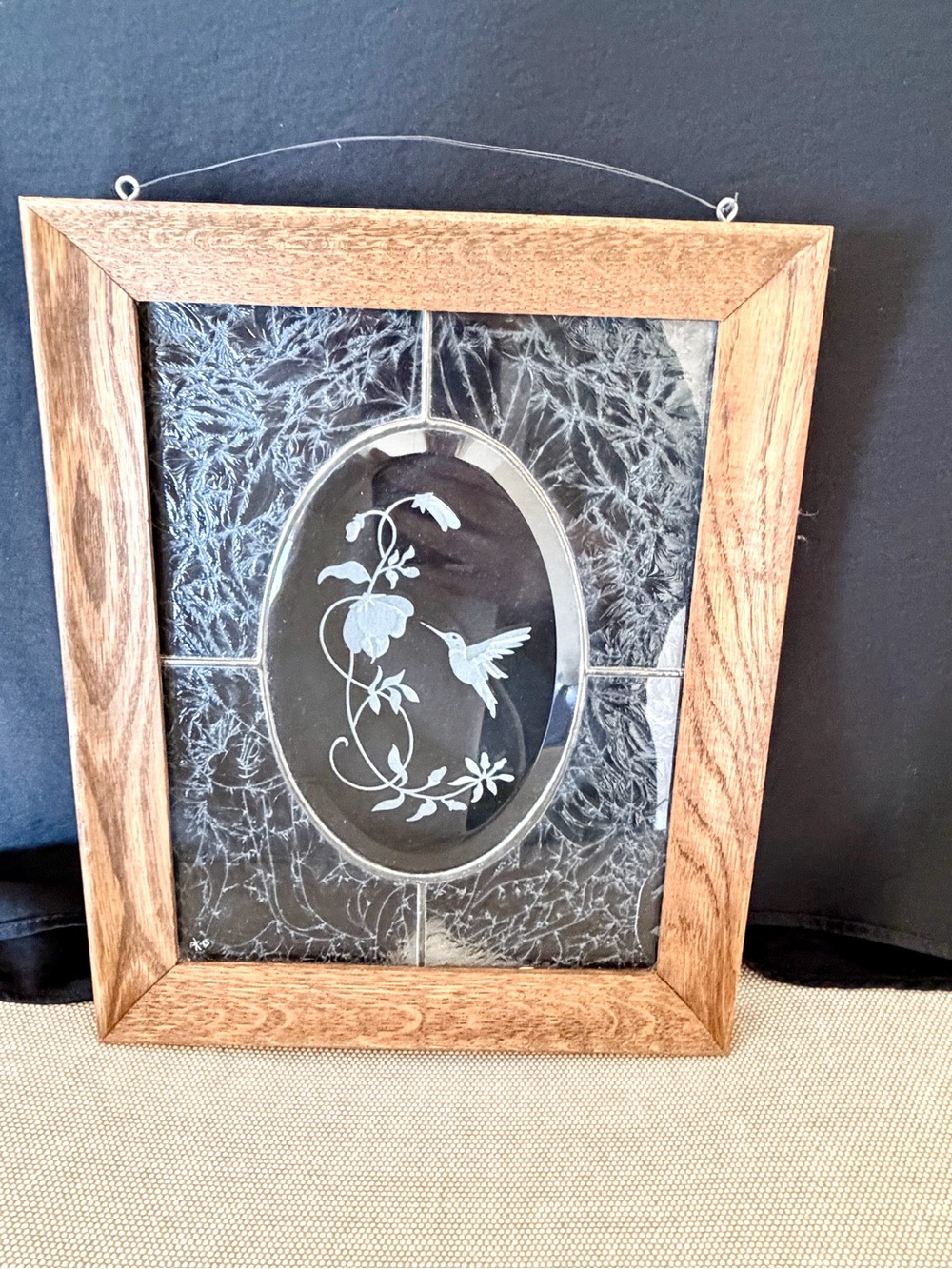 Etched Glass Humming Bird Beveled Wood Framed Wall Art 8x10 ish